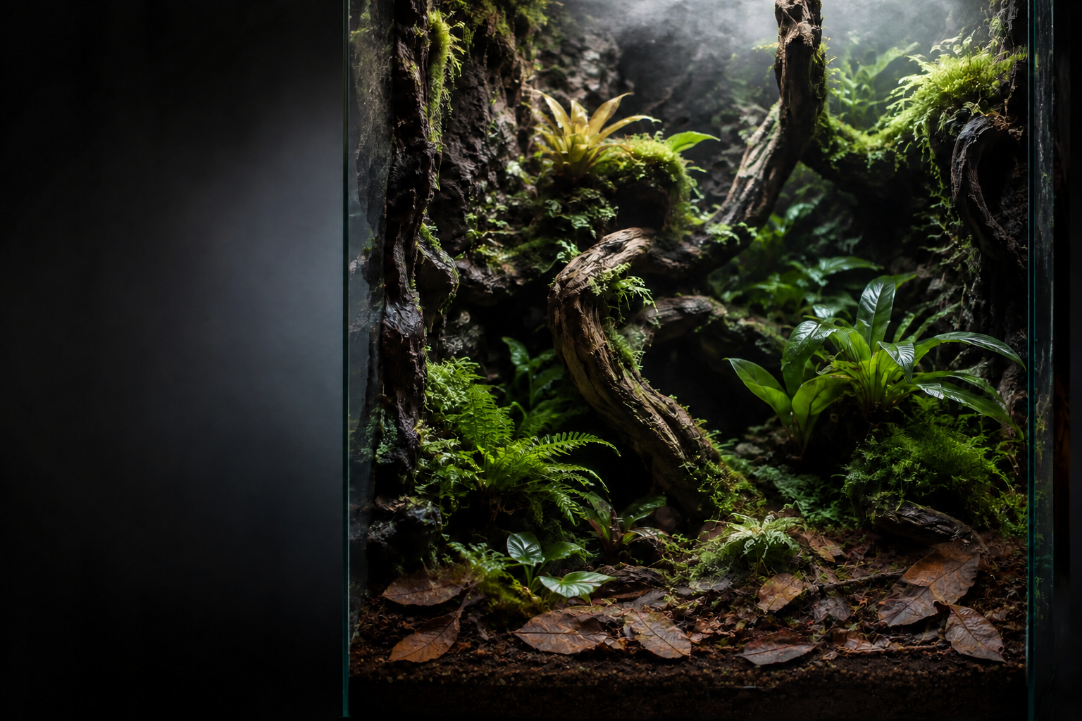A lush custom tropical bioactive vivarium concept with cork, moss, ABG soil, leaf litter and live plants